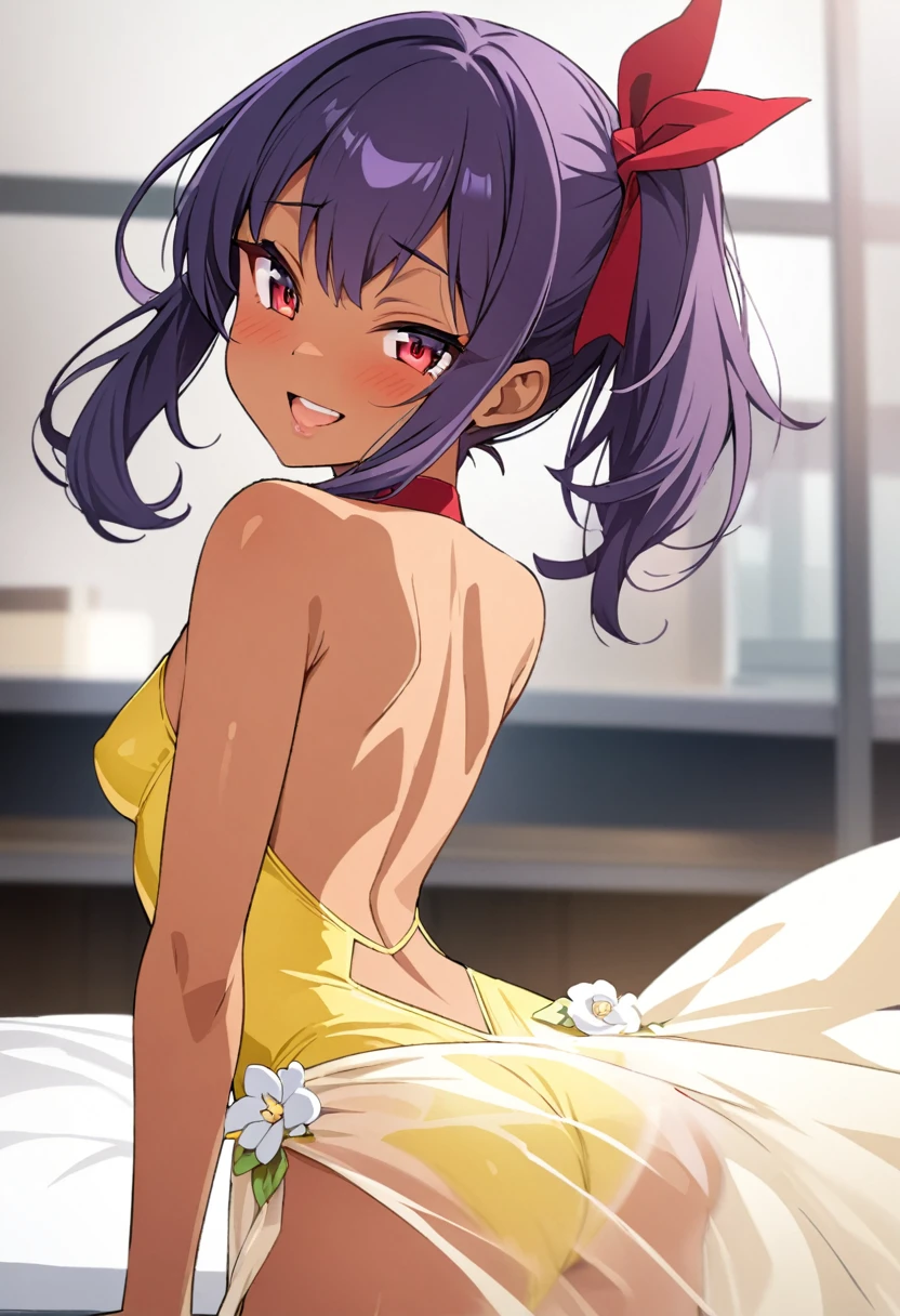 (anime style),masterpiece, best quality, extremely detailed,tanned skin, gal,dark skin Beautiful body,flat breasts,BREAK,multicolored dark Purple hair,little side ponytail,short hair with long locks,BREAK,red eyes,naughty smile,shy,open mouth,eyes widen,smile face,detailed lips,False eyelashes,BREAK,cotton red big ribbon,BREAK, yellow leotard,bridal gown,leaning_forward,break,head tilt,looking back,back_Angle,hip on GLAS,