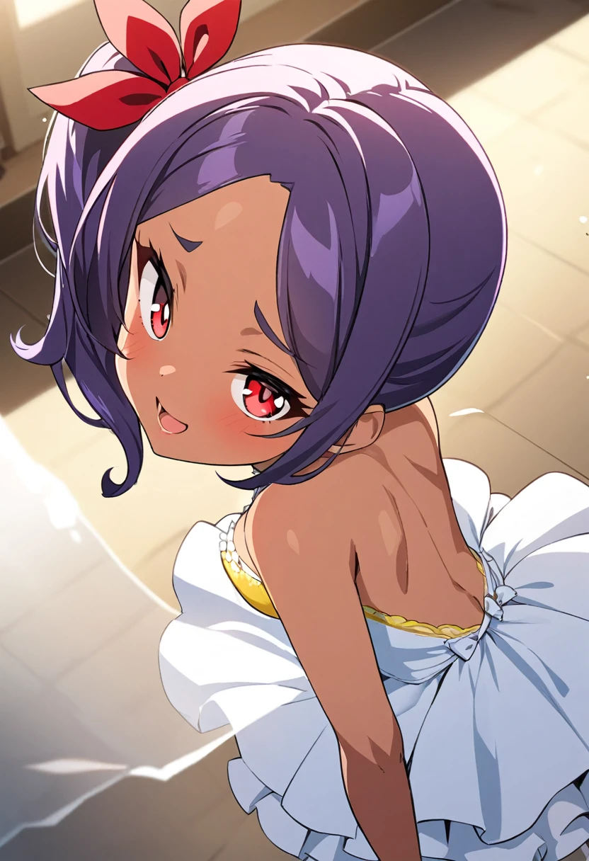 (anime style),masterpiece, best quality, extremely detailed,tanned skin, gal,dark skin Beautiful body,flat breasts,BREAK,multicolored dark Purple hair,little side ponytail,short hair with long locks,BREAK,red eyes,naughty smile,shy,open mouth,eyes widen,smile face,detailed lips,False eyelashes,BREAK,cotton red big ribbon,BREAK, yellow leotard,bridal gown,leaning_forward,break,head tilt,looking back,back_Angle,hip on GLAS,