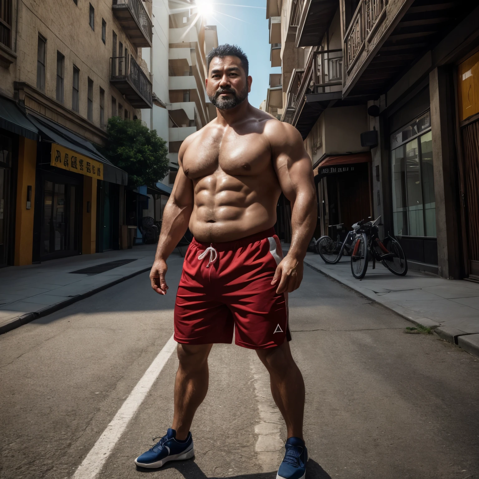 An award-winning original photo，A wild plump east asian uncle man, (45 years old daddy:1.1), 1boy, Solo, handsome, nerdy, stubbles, Short beard, small eyes,  detailed eyes:1.1, big round face shape, (Detailed face:1.3), crew cut hair, volumetric lighting, (Best quality, A high resolution, Photorealistic), Cinematic lighting, Masterpiece, RAW photo, Intricate details, hdr, depth of field, full body shot, macho, shirtless, hunk, sports Shorts, in the street,
