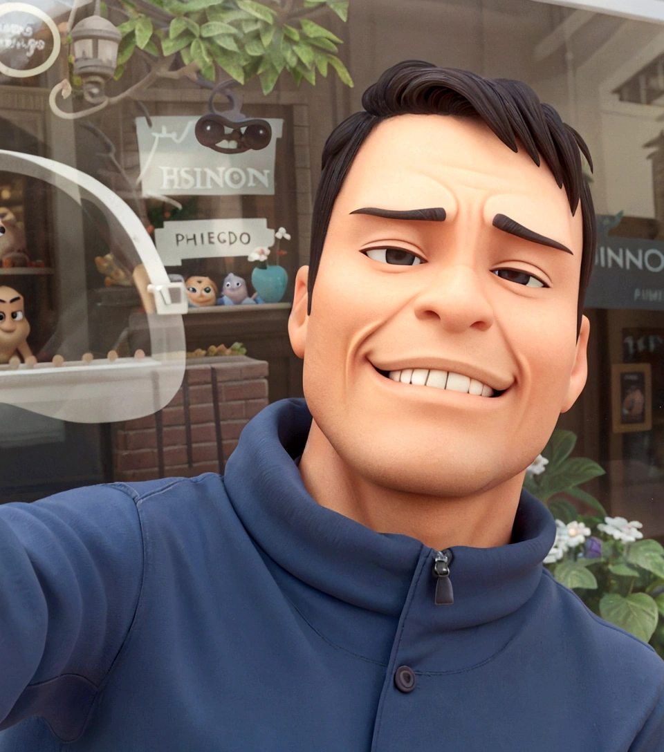chiseled man taking a selfie in front of a store window, animacao pixar