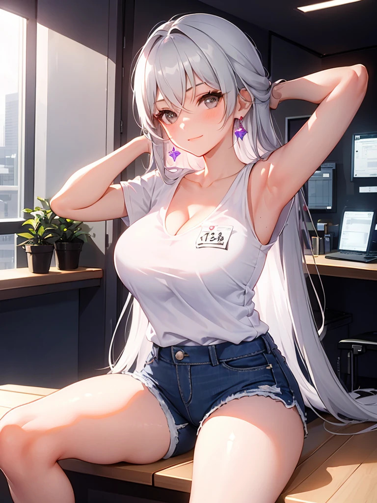 Blogna, 1 girl, alone, ((white shirt)), Denim shorts that are about to break, big breasts, cleavage, uniform, office background, office, hair between eyes, Purple earrings, large chest, long hair, looking at the viewer, silver short nails, gray eyes, alone, ((Thin knees, thick thighs)), very long hair, ((masterpiece)), name tag, id tag, indoor, blush, squint your eyes, sexy pose, (Put your hands behind your head), Pose that shows off your armpits, raise your arms, Slender, long legs, mature woman, camel toe, naked women,