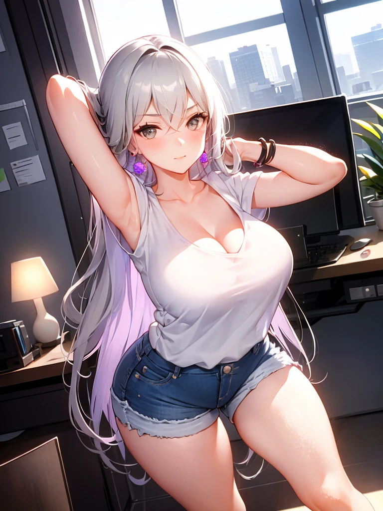 Blogna, 1 girl, alone, ((white shirt)), Denim shorts that are about to break, big breasts, cleavage, uniform, office background, office, hair between eyes, Purple earrings, large chest, long hair, looking at the viewer, silver short nails, gray eyes, alone, ((Thin knees, thick thighs)), very long hair, ((masterpiece)), name tag, id tag, indoor, blush, squint your eyes, sexy pose, (Put your hands behind your head), Pose that shows off your armpits, raise your arms, Slender, long legs, mature woman, camel toe, naked women,