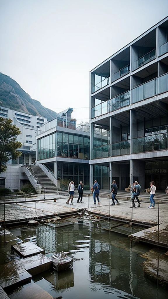 5 Chinese college students，One with a clapperboard，One with a camera，One takes the recording，Standing on a dilapidated staircase，Staggered，台阶两旁是Chinese建筑，Chinese