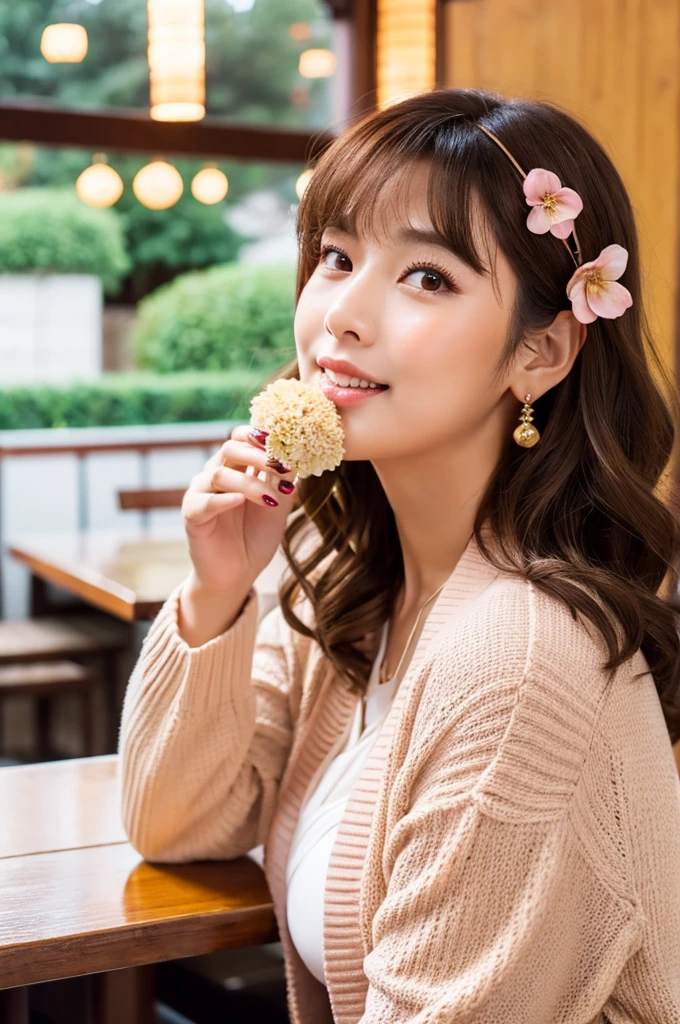 Family restaurant parking lot, full-time housewife, ((full body)), ((photo)), ((best qualtiy, 8K, tmasterpiece:1.3)), Focus:1.2, perfect figure beautiful girl:1.4, 1girl, cowboy shot, look at viewer, incredibly absurd, beautiful and cute girl with a photorealistic face, showcasing top-quality craftsmanship, Japanese woman eating at a family restaurant, 21 years old, medium-long brown hair, parted in the middle with curls at the ends, bangs cut above the eyes, naturally rounded hairline, large chocolate brown eyes, long eyelashes, cherry blossom lips, slightly high nose, oval face, fine skin, plump cheeks, soft chin, gentle smile, glamorous, fair skin, large buttocks, beautiful D-cup breasts, beige dress, pink cardigan, floral scarf, earrings, hair accessory, pretty older woman, beautiful, glamorous, gentle, attentive, passionate, curious, loves to talk, September
