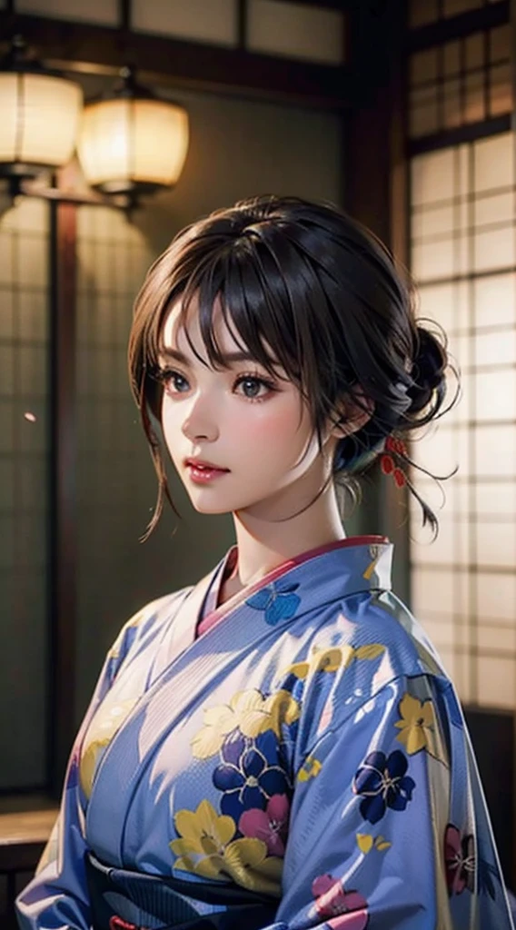 (Realistic)、(Realistic:1.2)、(High resolution)、Very detailed、Very beautiful face and eyes、1 girl、Delicate body、(highest quality、Attention to detail、Rich skin detail)、(highest quality、8k、Oil paint:1.2)、Very detailed、(Realistic、Realistic:1.37)、Bright colors、Full Body Shot,black_hair, Beautiful 8k eyes,Looking_in_Audience,One person in,Are standing,((Very beautiful woman, Fuller lips, Japanese pintern kimono))、((Colorful Japanese kimono)))、(((blackhair)))、(((Blunt bung,short hair)))、((( Inside an old Japanese house with a (short focus :1.4),)))、(masterpiece, highest quality, highest quality, Official Art, beautifully、aesthetic:1.2),(Fractal Art:1.3),Sengoku period、Greg Rutkowski Written by Alphonse Mucha Ropp,short ,uchikake,nishijin ori,(realistic light and shadow), (real and delicate background),(muted colors, dim colors, soothing tones:1.3), low saturation, (hyperdetailed:1.2), (????:0.4),drow,blurry_light_background, (vibrant color:1.2), cinematic lighting, ambient lighting,Single Shot,Shallow Focus,pink lip,blurry light background,