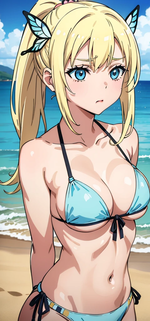 Seina Kashiwazaki, 1girl in, a blond, ponytail, butterfly hair ornament, (medium breast), Light blue micro bikini, (upper body:1.5), sand beach