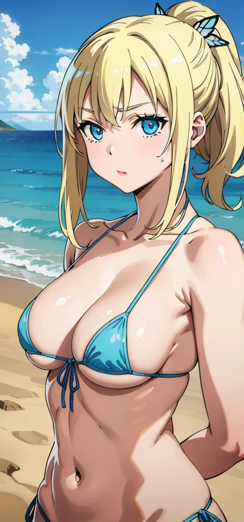 Seina Kashiwazaki, 1girl in, a blond, ponytail, butterfly hair ornament, (medium breast), Light blue micro bikini, (upper body:1.5), sand beach