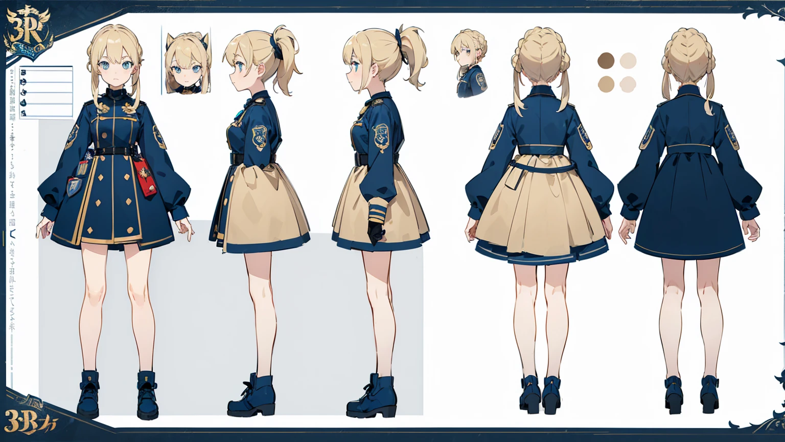 (masterpiece, best quality) police girl ,blonde hair ponytail,blue eye,((character design sheet, same character, full body, 3views, front, side, back))