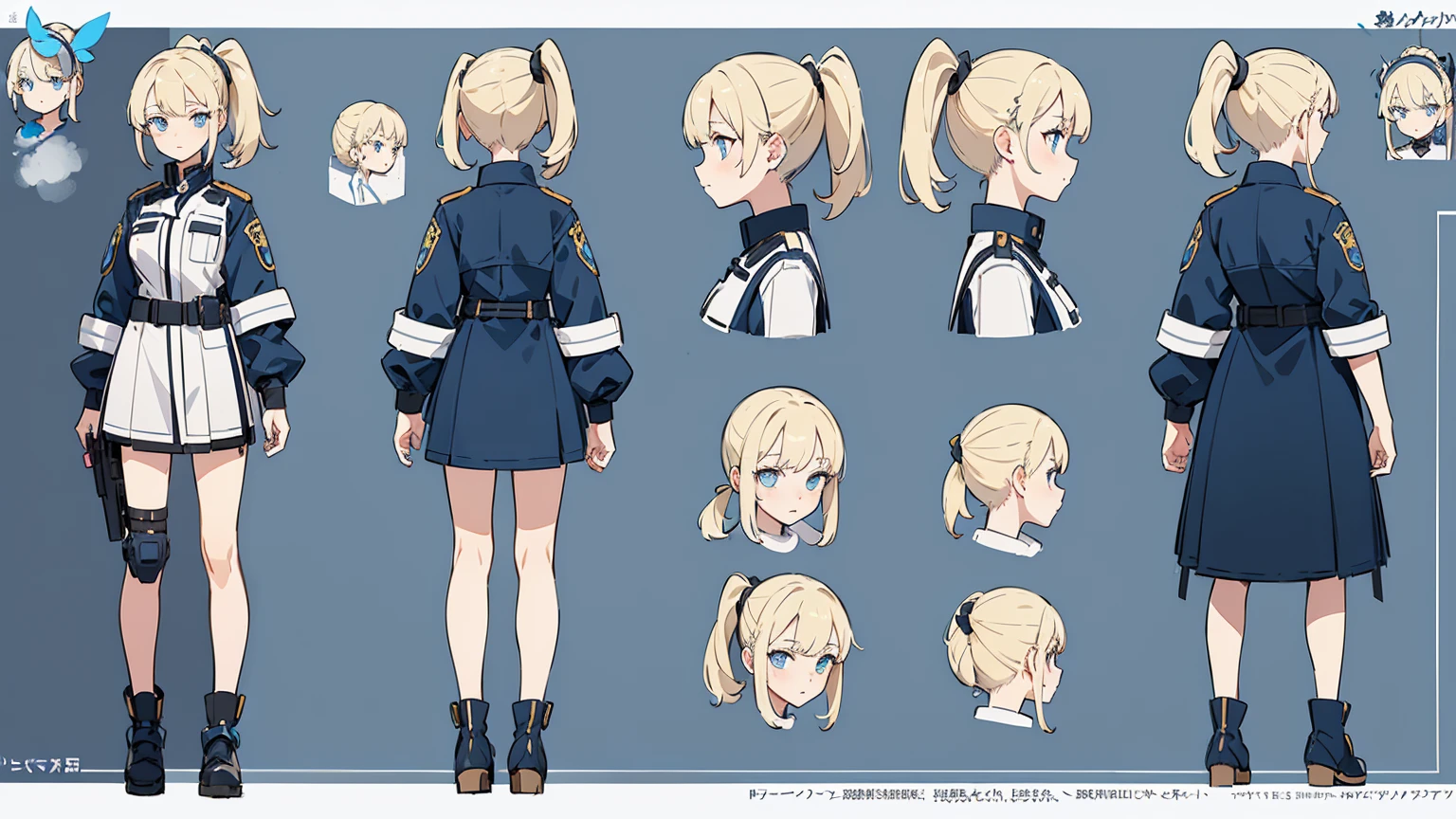 (masterpiece, best quality) police girl ,blonde hair ponytail,blue eye,((character design sheet, same character, full body, 3views, front, side, back))
