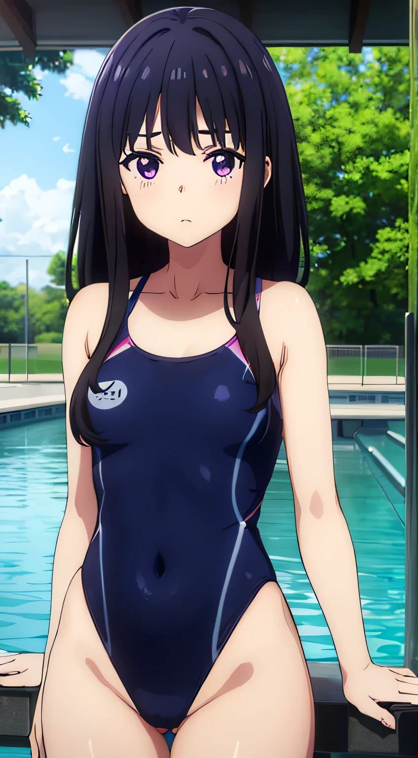 (masterpiece、Highest quality、In 8K、High resolution:1.2)、alone、One Girl、 Takina Inoue、Feeling embarrassed、blush、Purple Eyes、Look at the viewers、whole body、Navy blue swimsuit、Dark blue racing swimsuit、Glossy body、Wet body、Daytime、Poolside、Low - Angle
