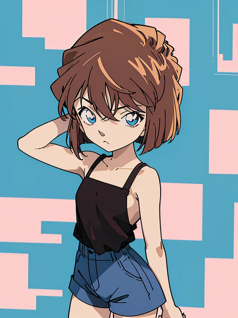 anime style, (1girl in, Solo:1.0), (Haibara Ai), ((Short pants)), (((Big eyes))), (Cute anime girl head), (flat chest),looking at viewer,With a height of 100cm, shoot from front, (head shot), Simple lineinimalism,Abstract Art,City background