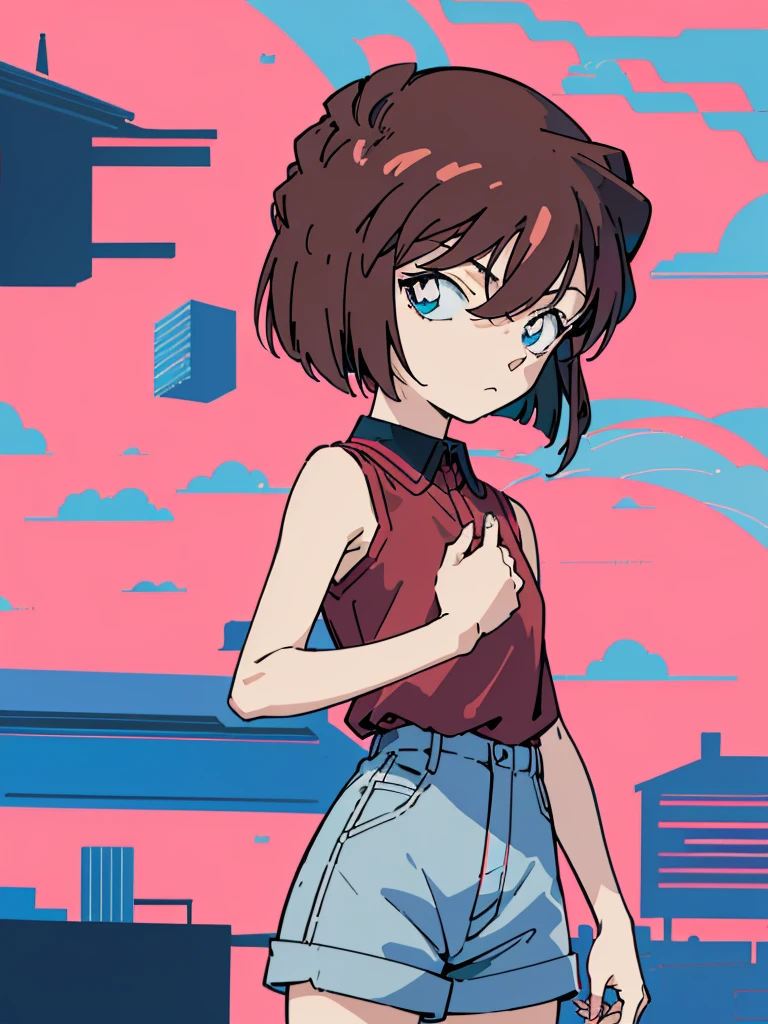 anime style, (1girl in, Solo:1.0), (Haibara Ai), ((Short pants)), (((Big eyes))), (Cute anime girl head), (flat chest),looking at viewer,With a height of 100cm, shoot from front, (head shot), Simple lineinimalism,Abstract Art,City background