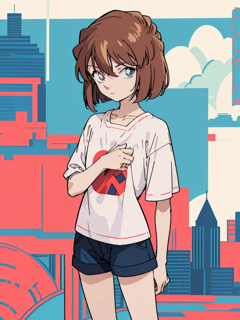 anime style, (1girl in, Solo:1.0), (Haibara Ai), ((Short pants)), (((Big eyes))), (Cute anime girl head), (flat chest),looking at viewer,With a height of 100cm,  shoot from front, (head shot),  Simple lineinimalism，Abstract Art，City background