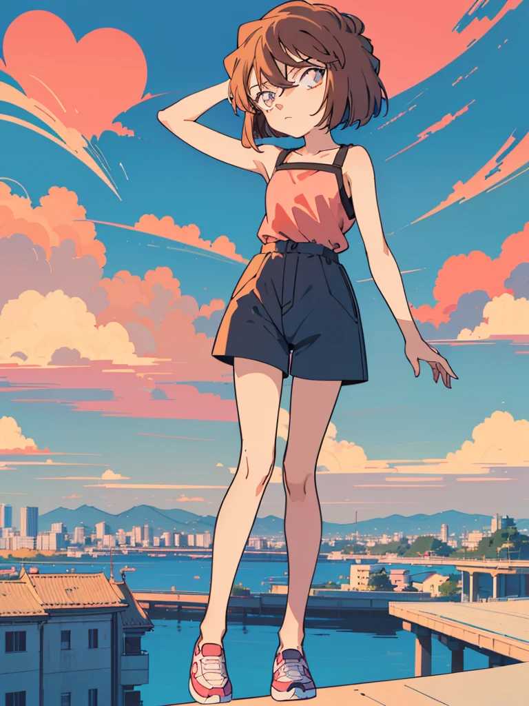 anime style, (1girl in, Solo:1.0), (Haibara Ai), ((Short pants)), (((Big eyes))), (Cute anime girl head), (flat chest),looking at viewer,With a height of 100cm,  shoot from front, (head shot),  Simple lineinimalism，Abstract Art，City background