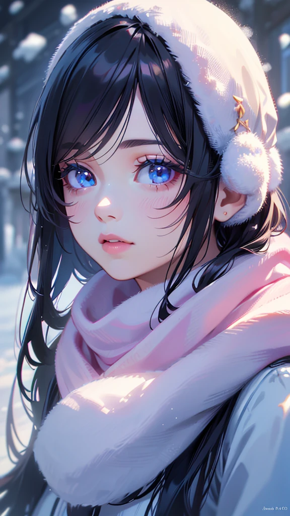 1girl, , pink uniform, long black hair, long hair, scarf, ear muffs, shivering, snowy scenery, snowing, snow reflecting light, fantasy atmosphere, (best quality,4k,8k,highres,masterpiece:1.2),ultra-detailed,(realistic,photorealistic,photo-realistic:1.37),winter, cold, snow, detailed face, beautiful detailed eyes, beautiful detailed lips, extremely detailed eyes and face, long eyelashes,animation