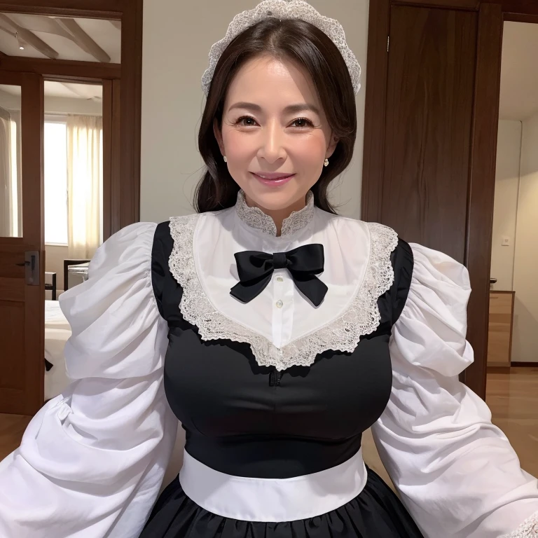 (high quality)、(high resolution)、Beautiful 45 year old mature woman、Wrinkles around the eyes、Wrinkles around the mouth、Looking at me with a smile、whole body、Big Breasts、Narrow waist、Thin and beautiful legs、A barely there white and black maid outfit、living