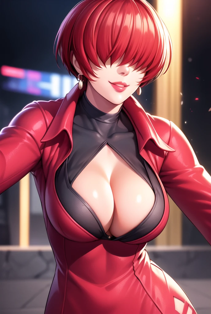 ,
Red outfit,Red jacket,choker, cleavage cutout, clothing cutout, 
earrings,
Red hair,bangs,((hair over eyes)),
1 girl, 20yo,Young female,Beautiful Finger,Beautiful long legs,Beautiful body,Beautiful Nose,Beautiful character design, evil face,
looking down at viewer,(Focus on her face),too evil_Smile,
official art,extremely detailed CG unity 8k wallpaper, perfect lighting,Colorful, Bright_Front_face_Lighting,shiny skin,
(masterpiece:1.0),(best_quality:1.0), ultra high res,4K,ultra-detailed,
photography, 8K, HDR, highres, absurdres:1.2, Kodak portra 400, film grain, blurry background, bokeh:1.2, lens flare, (vibrant_color:1.2),professional photograph,
(Beautiful,large_Breasts:1.4), (beautiful_face:1.5),(narrow_waist),conceit,smile worst,worst ridecule,evil moukery,hand on hip,upper body,two hand,