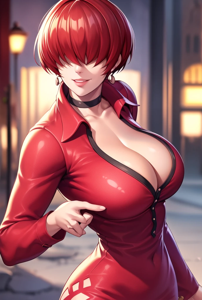 ,
Red outfit,Red jacket,choker, cleavage cutout, clothing cutout, 
earrings,
Red hair,bangs,((hair over eyes)),
1 girl, 20yo,Young female,Beautiful Finger,Beautiful long legs,Beautiful body,Beautiful Nose,Beautiful character design, evil face,
looking down at viewer,(Focus on her face),too evil_Smile,
official art,extremely detailed CG unity 8k wallpaper, perfect lighting,Colorful, Bright_Front_face_Lighting,shiny skin,
(masterpiece:1.0),(best_quality:1.0), ultra high res,4K,ultra-detailed,
photography, 8K, HDR, highres, absurdres:1.2, Kodak portra 400, film grain, blurry background, bokeh:1.2, lens flare, (vibrant_color:1.2),professional photograph,
(Beautiful,large_Breasts:1.4), (beautiful_face:1.5),(narrow_waist),conceit,smile worst,worst ridecule,evil moukery,hand on hip,upper body,two hand,