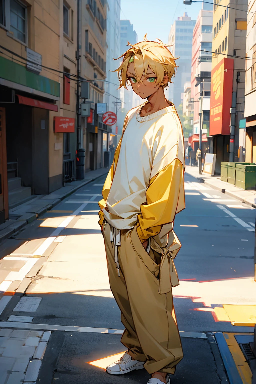 1male, tan skin, blonde hair, pulled back hair, hair band, green eyes, yellow oversized sweater, white baggy pants, city background, detailed background, hands to side, standing on path