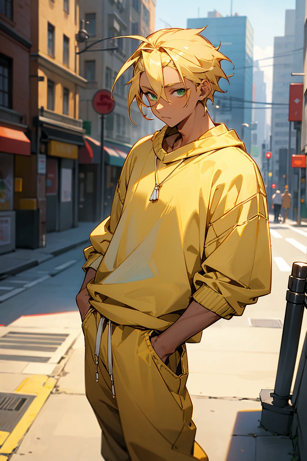 1male, tan skin, blonde hair, pulled back hair, hair band, green eyes, yellow oversized sweater, white baggy pants, city background, detailed background, hands to side, standing on path