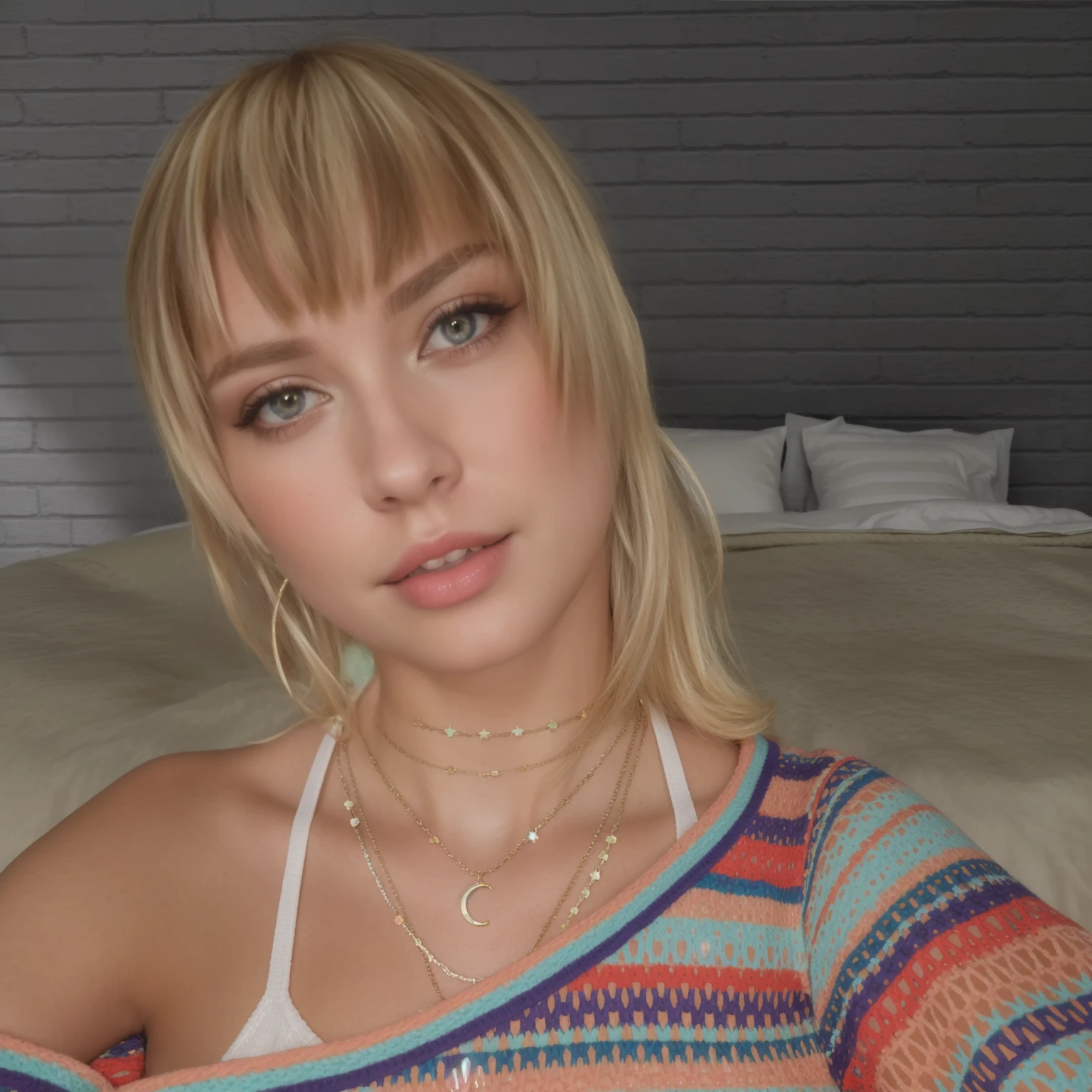 blond woman with a colorful sweater on a bed, hard portrait shot 8 k,