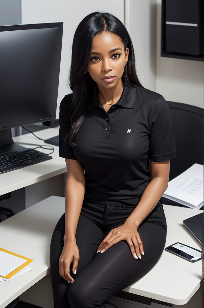Black woman 40 years old sitting in the office working black polo shirt