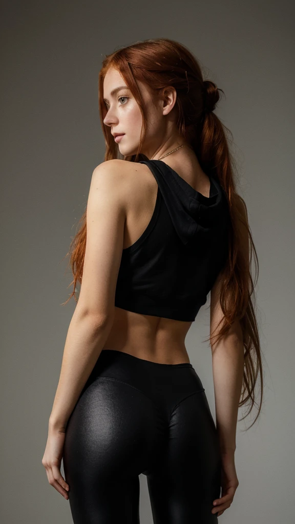 (((Masterpiece))), 25-year-old Caucasian French girl with shoulder-length messy red hair, adorned with crystal glow, blooming hair akin to . Certainly!
A silhouette of a girl standing with her back to the camera. She is wearing black leggins and a black hoodie. Her face is not visible. White background
