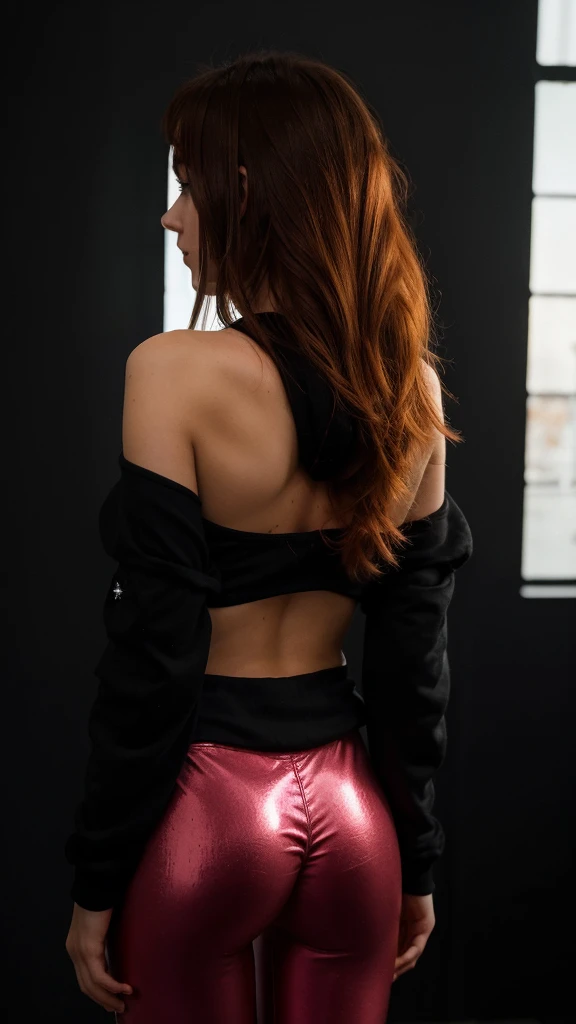 (((Masterpiece))), 25-year-old Caucasian French girl with shoulder-length messy red hair, adorned with crystal glow, blooming hair akin to . Certainly!
A silhouette of a girl standing with her back to the camera. She is wearing black leggins and a black hoodie. Her face is not visible. White background