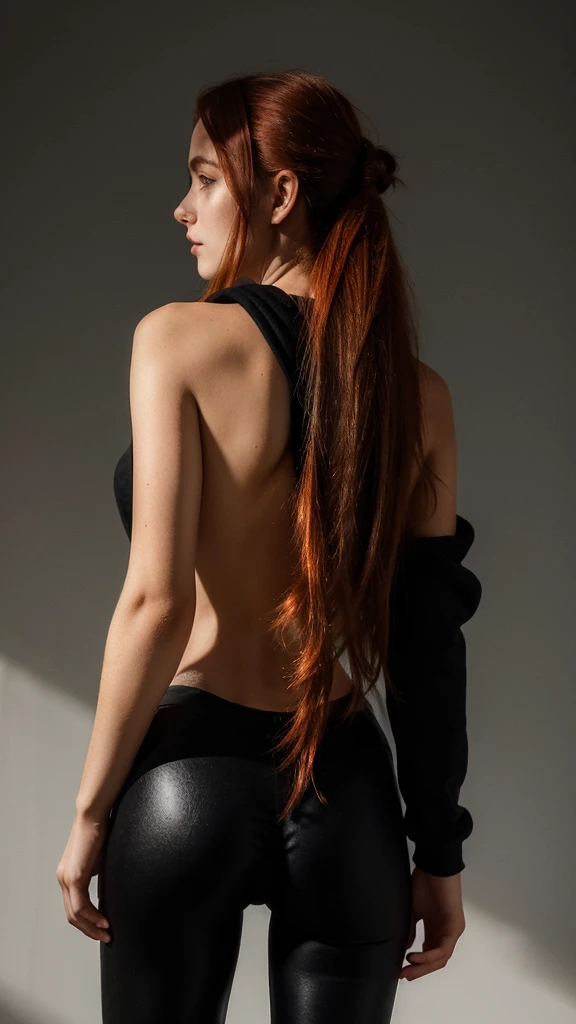 (((Masterpiece))), 25-year-old Caucasian French girl with shoulder-length messy red hair, adorned with crystal glow, blooming hair akin to . Certainly!
A silhouette of a girl standing with her back to the camera. She is wearing black leggins and a black hoodie. Her face is not visible. White background