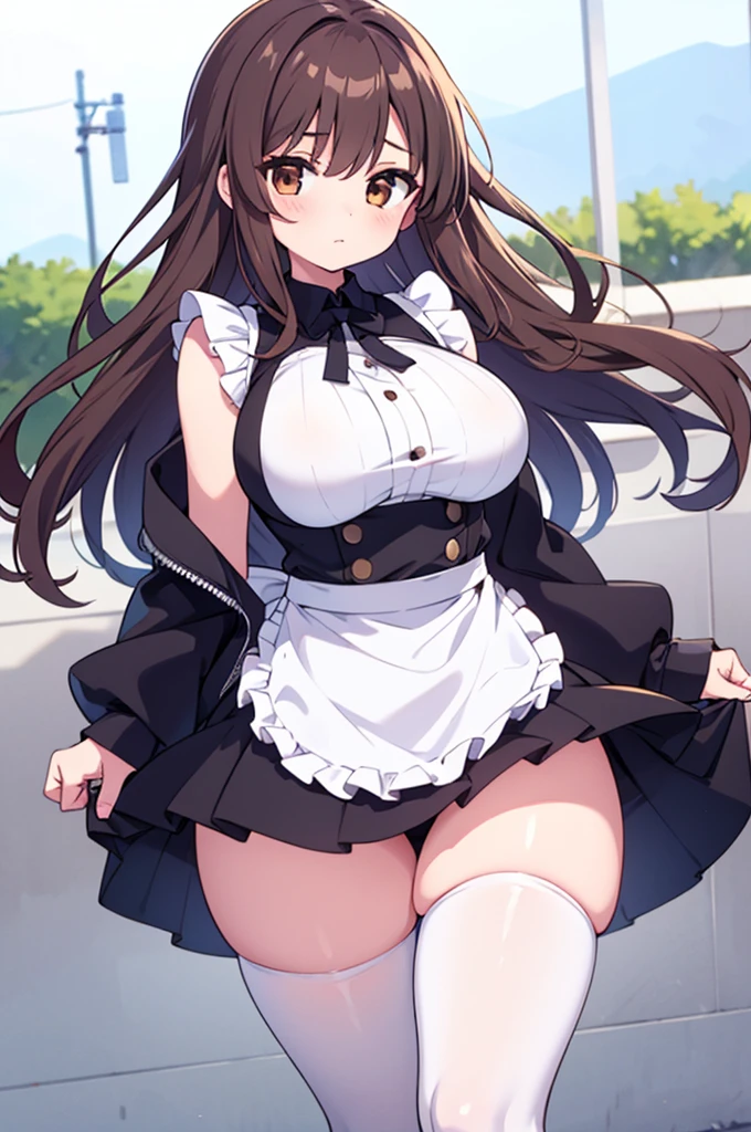 Highest quality, 1girl, solo, brown hair, brown eyes, large breasts, white top, black apron, thigh highs, thick thighs, wide hips