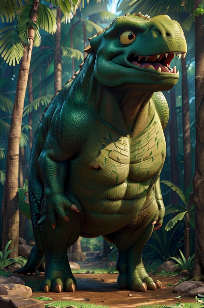 A massive T-rex with incredibly defined muscles and biceps, standing tall in a lush, dense jungle environment, (best quality,4k,8k,highres,masterpiece:1.2),ultra-detailed,(realistic,photorealistic,photo-realistic:1.37),dinosaur, muscular anatomy, detailed scales, sunlight filtering through foliage, volumetric lighting, dramatic shadows, vibrant colors, cinematic composition