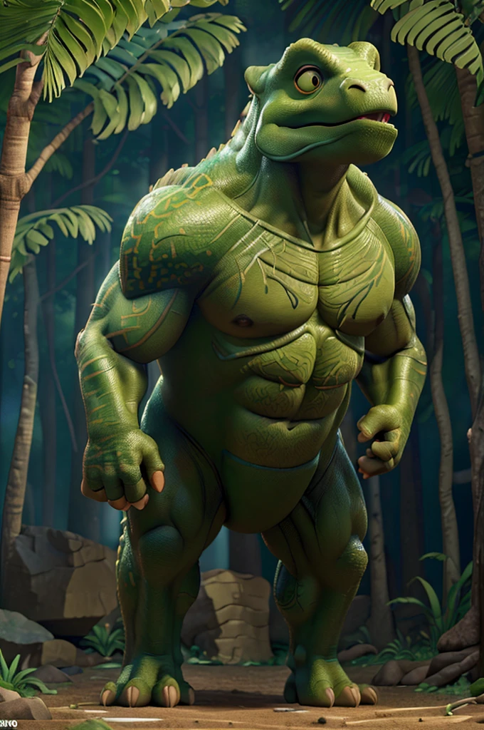 A massive T-rex with incredibly defined muscles and biceps, standing tall in a lush, dense jungle environment, (best quality,4k,8k,highres,masterpiece:1.2),ultra-detailed,(realistic,photorealistic,photo-realistic:1.37),dinosaur, muscular anatomy, detailed scales, sunlight filtering through foliage, volumetric lighting, dramatic shadows, vibrant colors, cinematic composition
