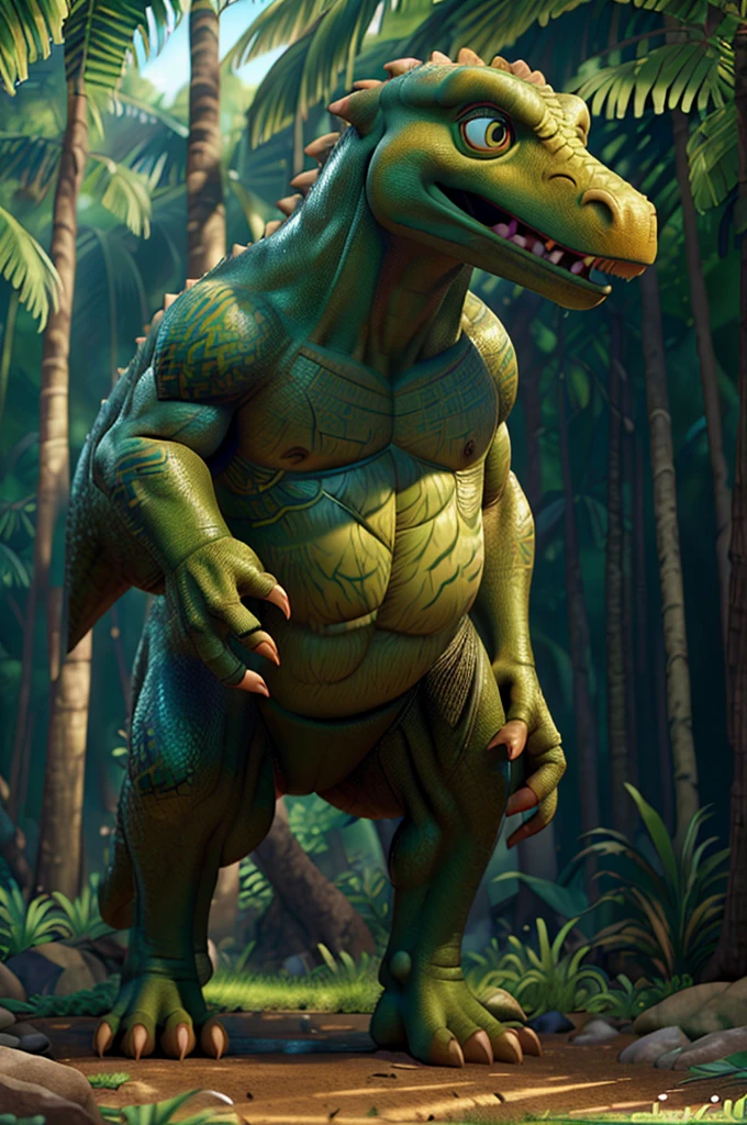 A massive T-rex with incredibly defined muscles and biceps, standing tall in a lush, dense jungle environment, (best quality,4k,8k,highres,masterpiece:1.2),ultra-detailed,(realistic,photorealistic,photo-realistic:1.37),dinosaur, muscular anatomy, detailed scales, sunlight filtering through foliage, volumetric lighting, dramatic shadows, vibrant colors, cinematic composition