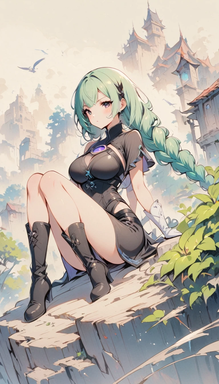 Green Hair、Girl、mysterious、Leather shoeiddle ageechanic、adventure