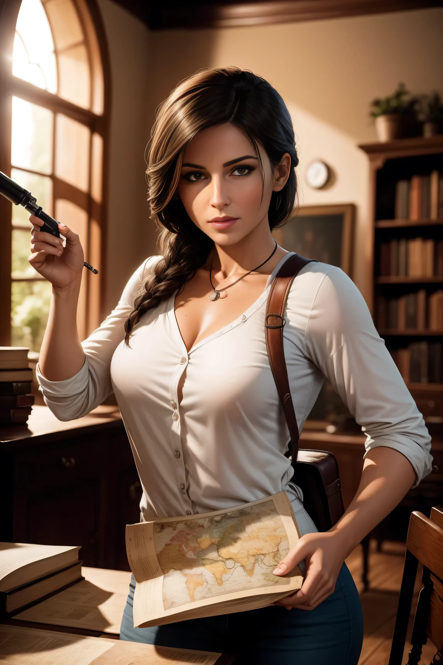 Create an picture of Lara Croft in a study room within Croft Manor, intently examining a series of world maps hanging on the wall. The room should exude an air of historical charm and scholarly focus, with rich wooden furniture, a large desk cluttered with research materials, and shelves filled with books and artifacts. The maps on the wall are ancient, parchment-style maps. Lara, dressed in casual sunday outfit, stands close to the maps, using a magnifying glass. The lighting should be warm and focused. DLSR, sharp focus, soft lighting, masterpiece, perfect face, ultra detailed face, perfect brown eyes, beautiful face, photorealistic, 8k, masterpiece