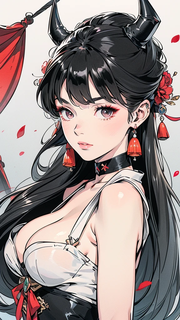 Seven Rhaeyar (Deylta), Ancient Star goddess, Perfect female anatomy (Royalty, Adult Female, 166cm in height, Cool pale skin, slim, slender, 34D breast size, Long Jet Black Hair, Gray Colored Iris , a set of Jet black colored horns on her head), Neutral facial expression, Elegant black uniform dress, female choker accessory with silver complimentary jewelry, dragon motifs, Black rope accessories, Simple Black Background, receiving light from the front, Slightly focusing on her face up close, Ethereal glow, Red Rose petals falling, Japanese inspired