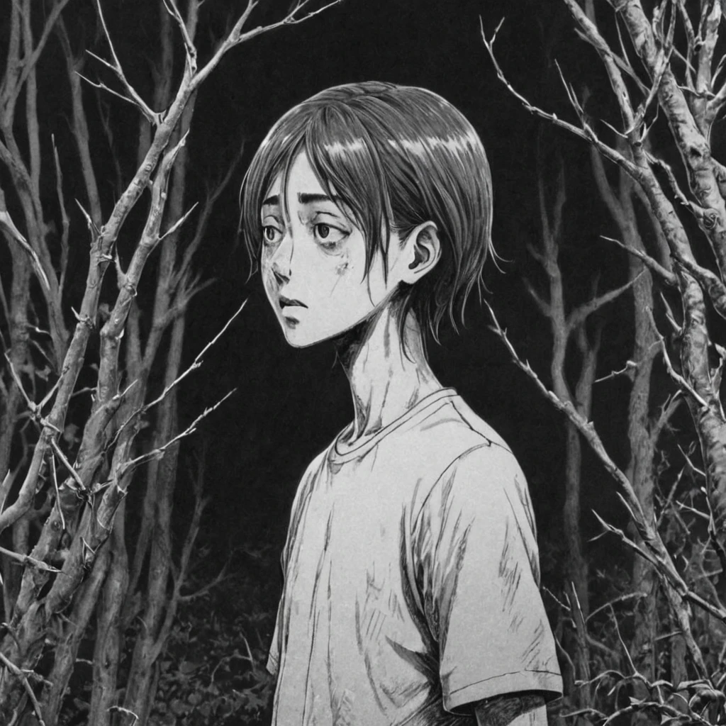 we walk in thorns, (anime), bizarre scenario, Junji Ito, Yusuke Murata, black and white, 8k, anime, horror