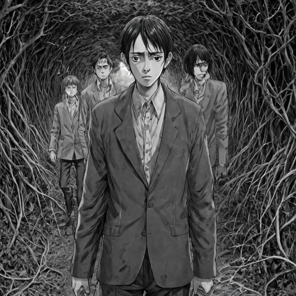 we walk in thorns, (anime), bizarre scenario, Junji Ito, Yusuke Murata, black and white, 8k, anime, horror