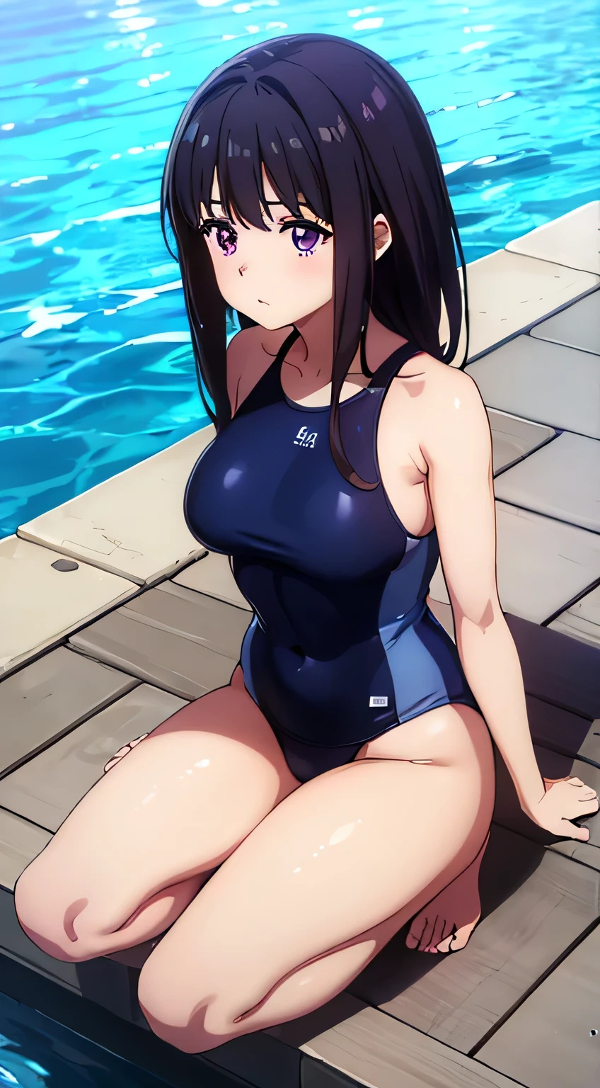 (masterpiece、Highest quality、In 8K、High resolution:1.2)、alone、One Girl、 Takina Inoue、Feeling embarrassed、blush、Purple Eyes、Look at the viewers、whole body、Navy blue swimsuit、Dark blue racing swimsuit、Glossy body、Wet body、Daytime、Poolside、Low - Angle