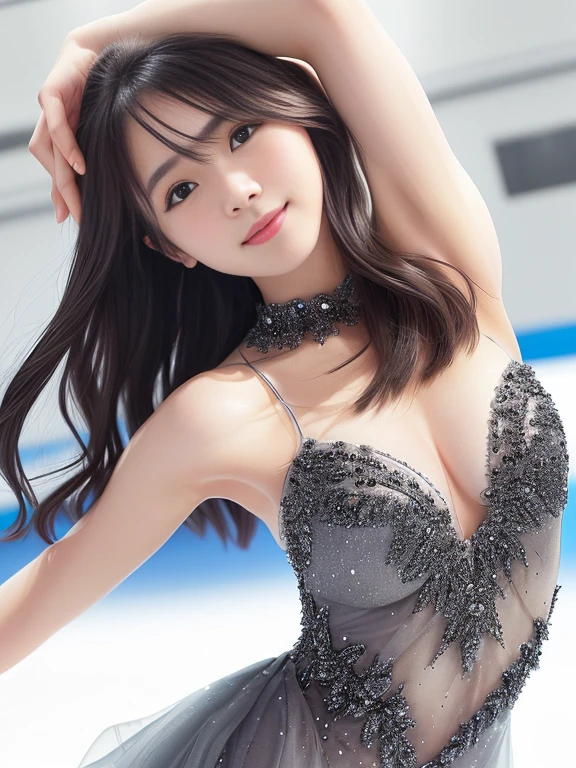 Photo-realistic quality、Japanese idol woman in a gray dress on the skating rink、I&#39;m figure skating、Ice Princess, Wearing a leotard,looking at the camera、Detailed and beautiful eyes、Cute smile、A soft and gentle look、Large Breasts