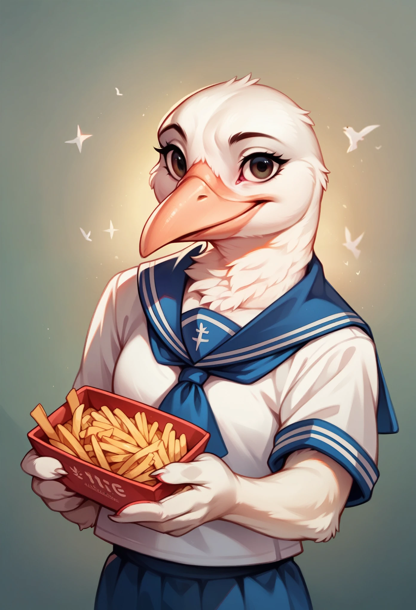 seagull in sailor suit holding french fries, anthropomorphic bird, adorable, cute, photorealistic, 8k, masterpiece, highly detailed, vivid colors, dynamic lighting, dramatic composition, hyperrealistic, award winning, intricate details, realistic textures, outstanding quality