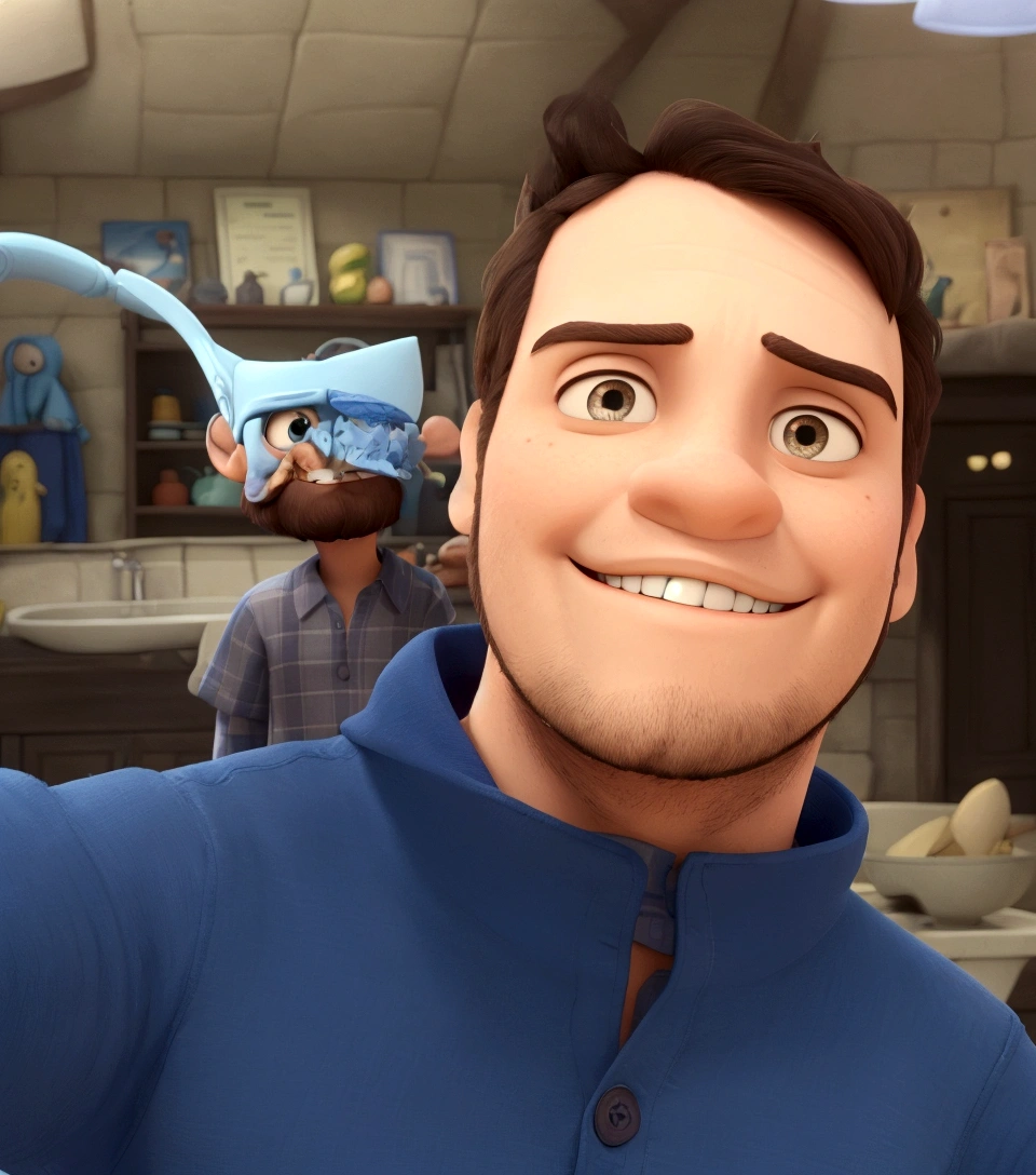 homem de camisa azul com pouca barba e sorrindo, animacao disney pixar