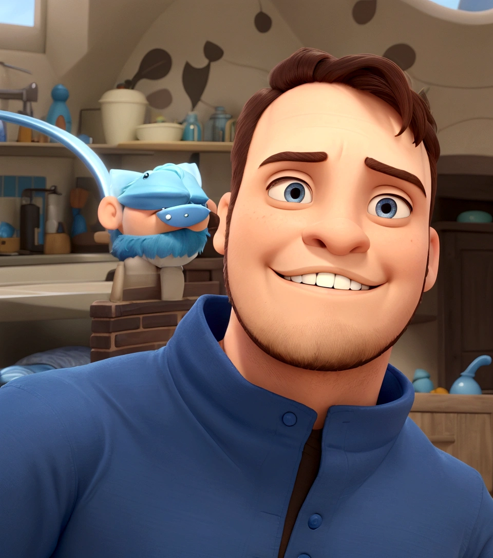 homem de camisa azul com pouca barba e sorrindo, animacao disney pixar