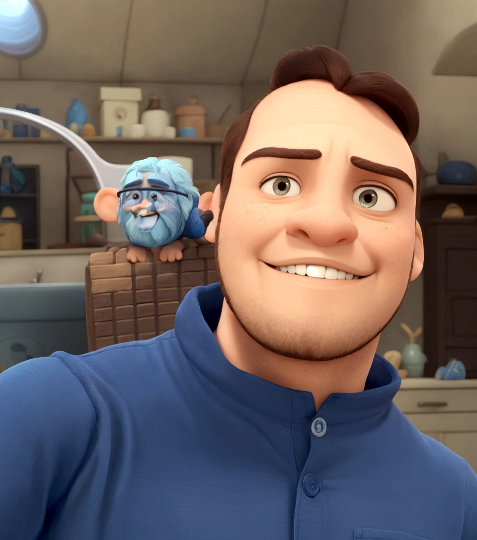 homem de camisa azul com pouca barba e sorrindo, animacao disney pixar