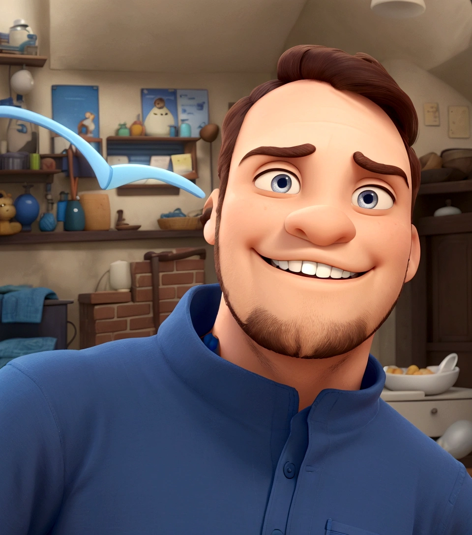 homem de camisa azul com pouca barba e sorrindo, animacao disney pixar