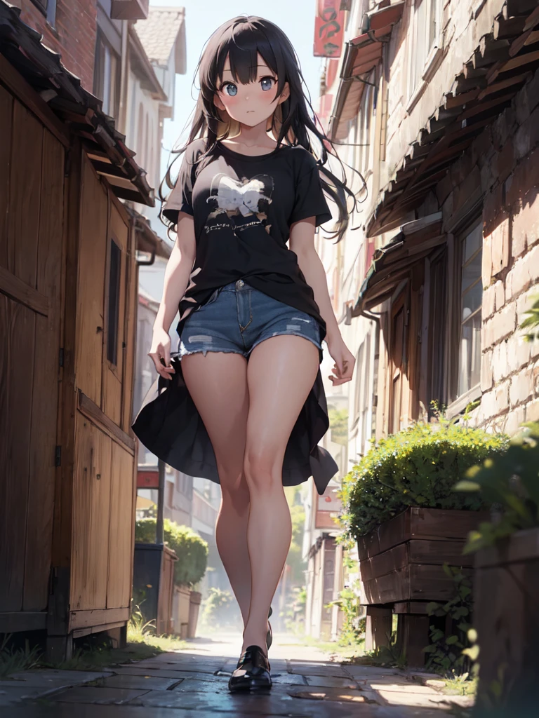 (Best quality, masterpiece, ArtStation, Fantasy Art:1.2), a beautiful cute girl, garden balcony, (long messy ginger hair:1.1), (long black t-shirt, bare legs:1.2) , blue hair , stunning, elegant, particules, best piece, masterpiece, smooth light, detailed, intricate, 50mm, realistic, digital art, photography, digital art, 4k, art, wlop, artgerm, sophie anderson, camel toe, naked girl,