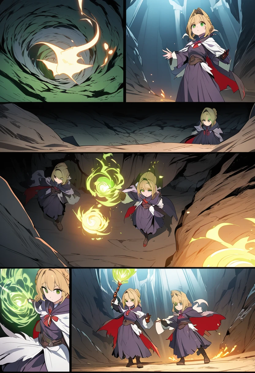 *((highest quality)), ((masterpiece)), (detailed), comic e-book storyboard, three panels, HQ, shadow mage with completely green eyes, red details, in a cave, casting magic, anime style, high resolution"