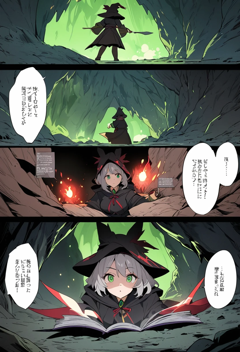 *((highest quality)), ((masterpiece)), (detailed), comic e-book storyboard, three panels, HQ, shadow mage with completely green eyes, red details, in a cave, casting magic, anime style, high resolution"