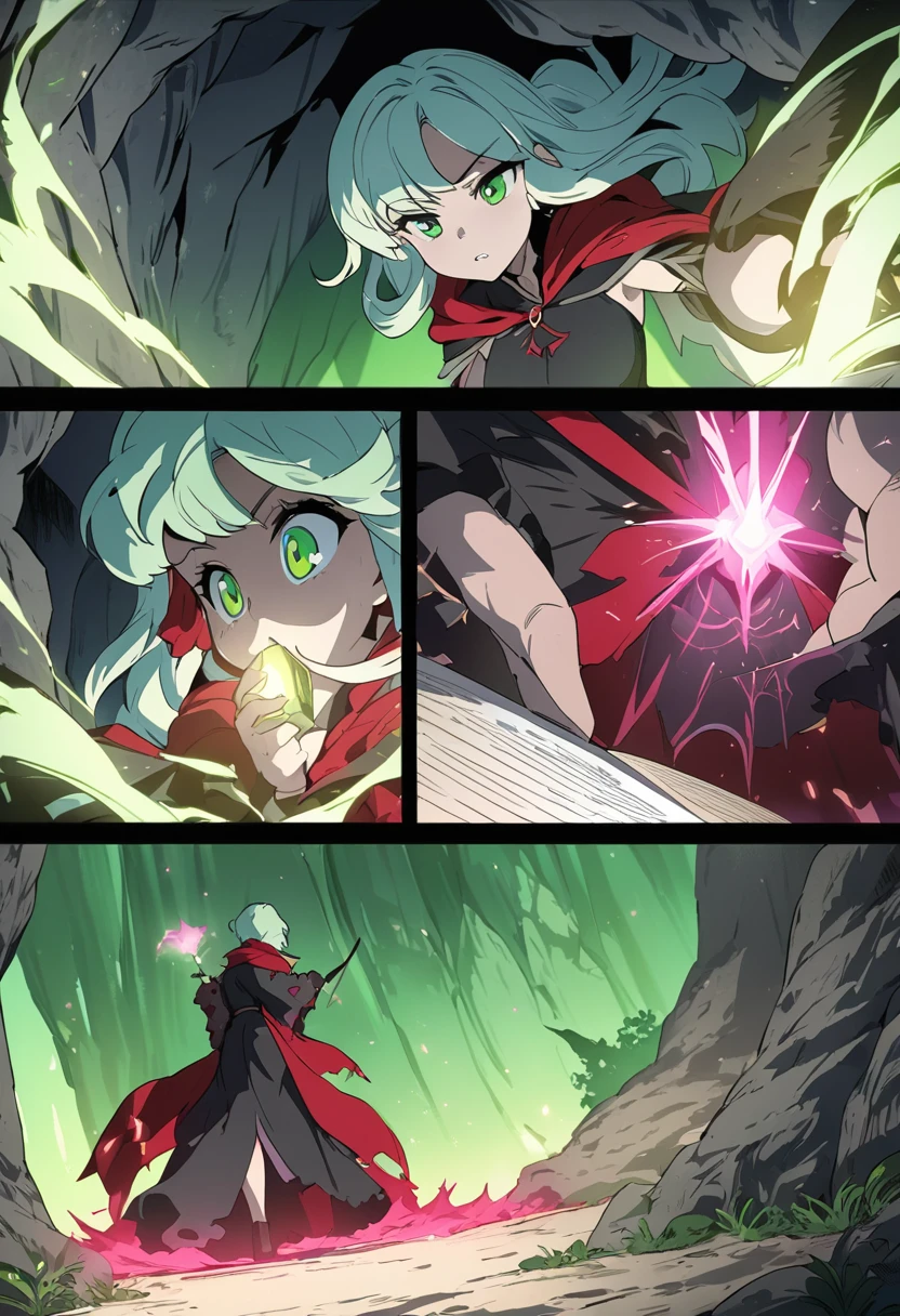 *((highest quality)), ((masterpiece)), (detailed), comic e-book storyboard, three panels, HQ, shadow mage with completely green eyes, red details, in a cave, casting magic, anime style, high resolution"