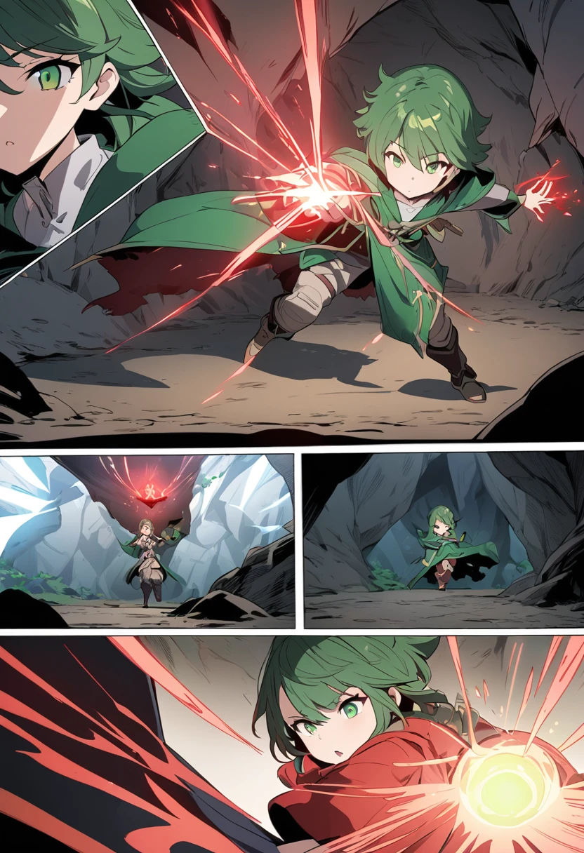 *((highest quality)), ((masterpiece)), (detailed), comic e-book storyboard, three panels, HQ, shadow mage with completely green eyes, red details, in a cave, casting magic, anime style, high resolution"